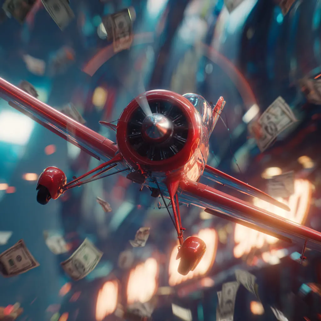 A red plane from Aviator online surrounded by money and neon reflections inside a virtual casino hall