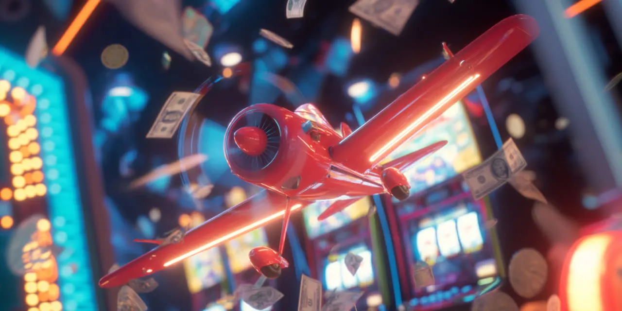 Vivid red airplane from the Aviator app flying amid cash and slot machine lights in a gaming arcade